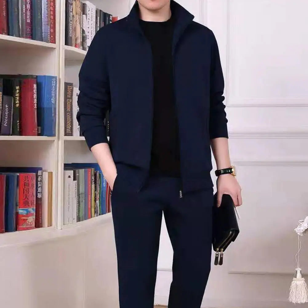 Men Sports Suit Men's Sport Outfit Set Long Sleeve Zipper Coat Elastic Waist Sweatpants Solid Color Sweatshirt with for Active