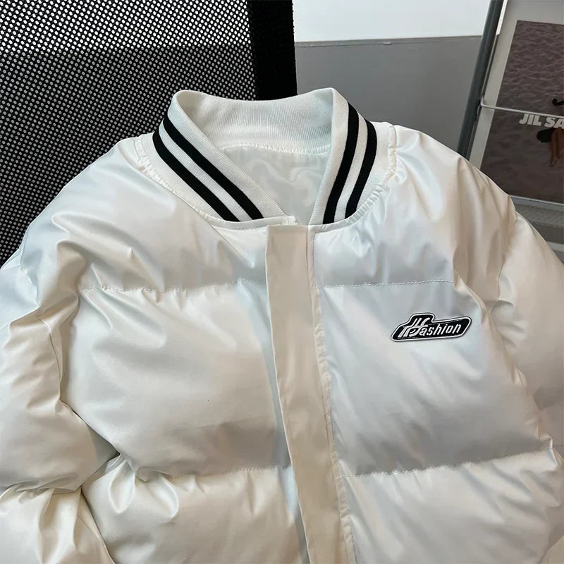 Gmiixder American Baseball Uniform PU Bomber Jacket Hip Hop Thickened Stand Collar Parkas Loose Versatile Couple Winter Coat