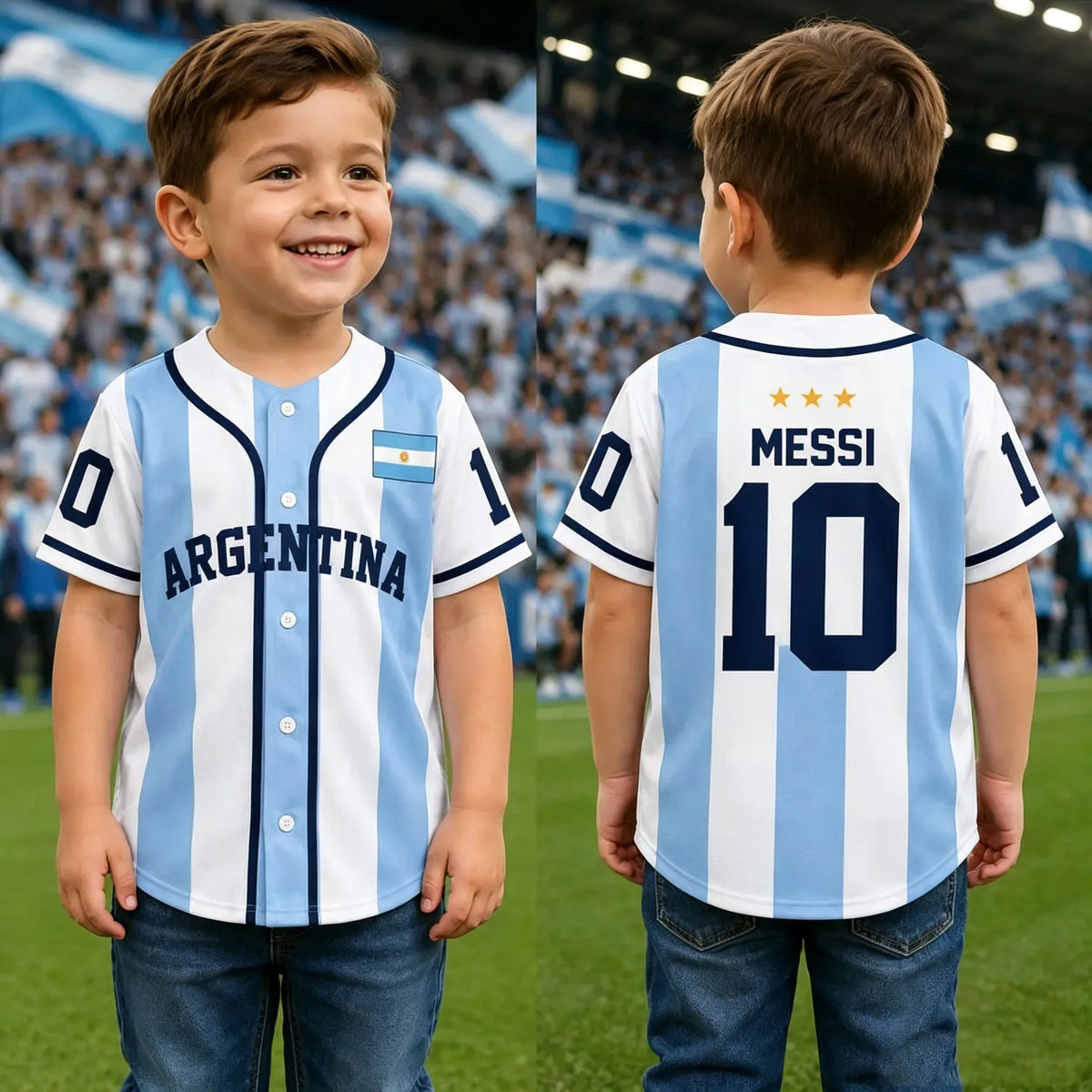 2026 Argentina Messi No.10 3 Stars Baseball Jersey Blue White Striped Short Sleeve Button Shirt Flag Print Unisex Men Women Tops