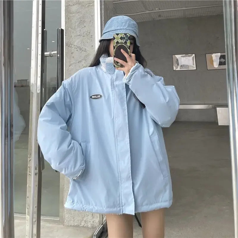 Autumn/Winter Couple's Stand Collar Cotton Coat Two-Sided Wear Lamb Wool Fleece Jacket For Men And Women Niche Nylon Parkas