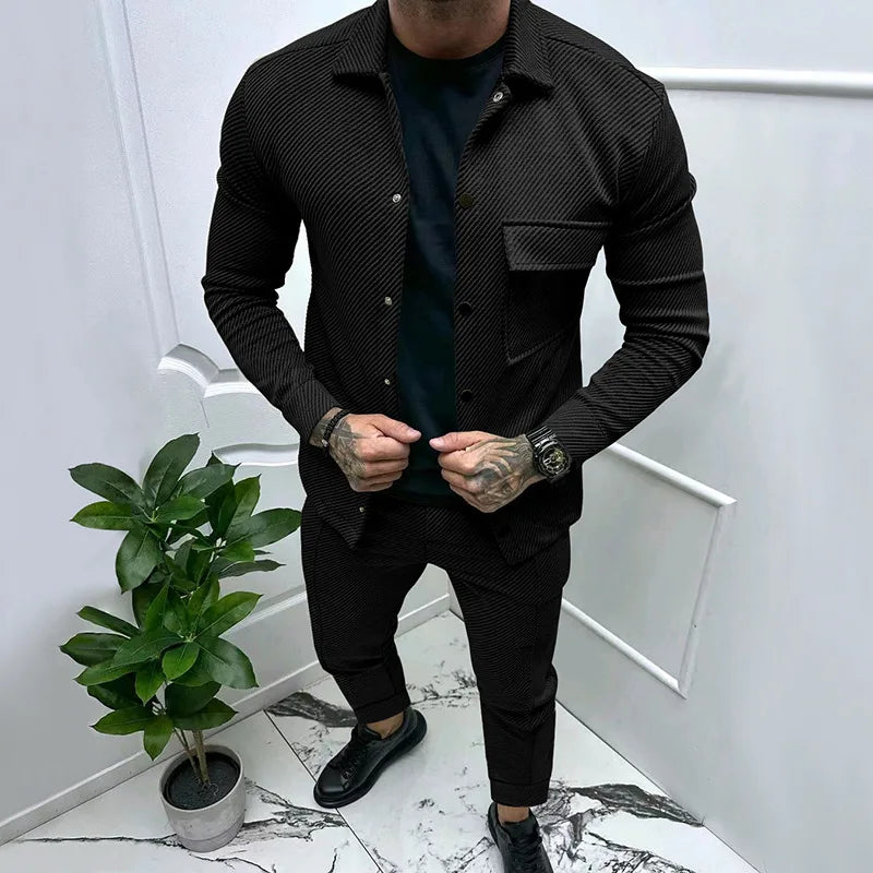 New Mens Casual Suit Heavy Twill Jacket New Solid Color Jacquard Two-piece Set for Men
