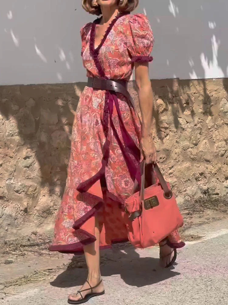 Spring Summer Lady V Neck Maxi Dress Casual Women Party Club Print Patchwork Dress Streetwear Short Sleeve Slim Lacing Up Dress