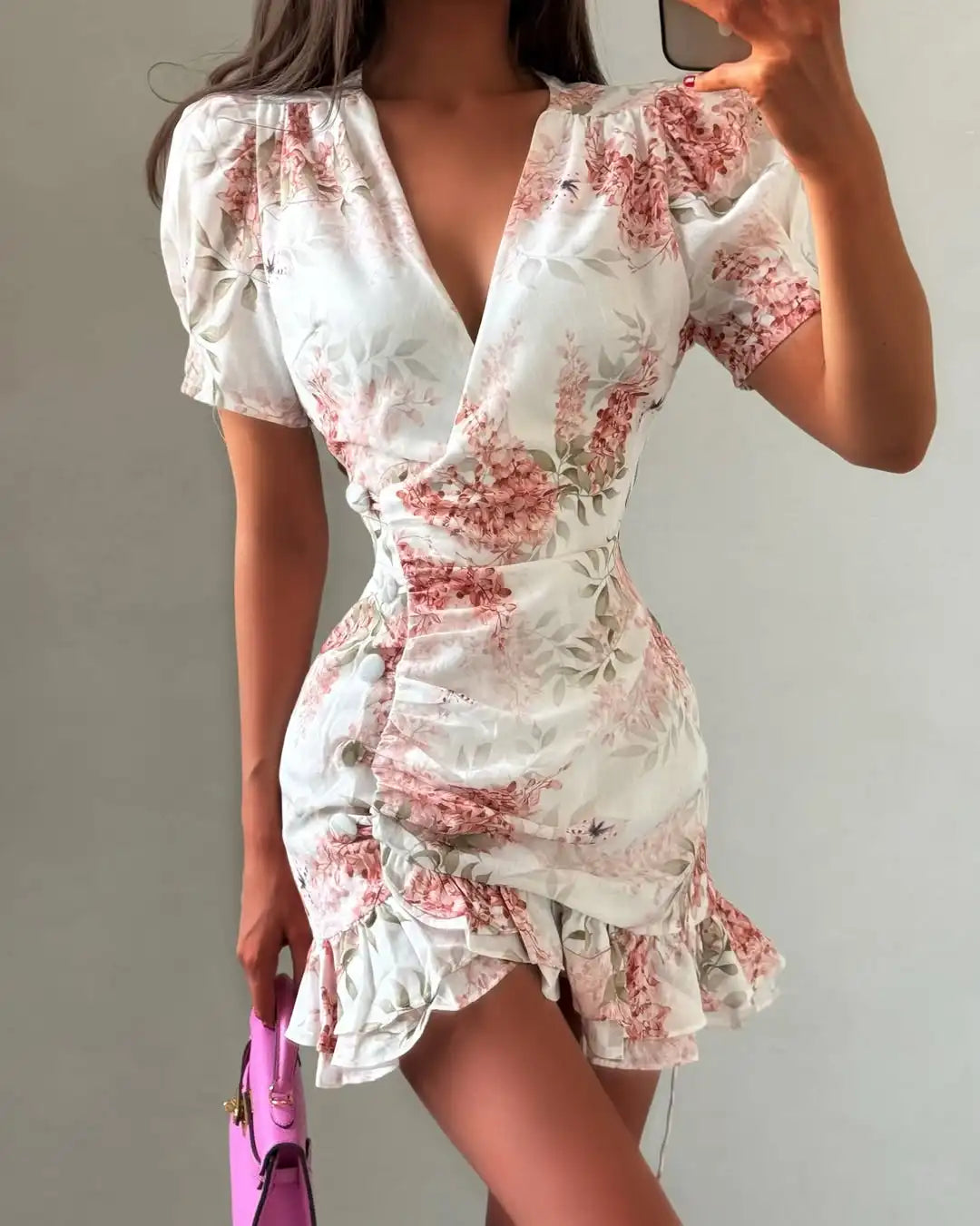 Floral Print Ruffle V Neck Waist Cinching Long Dresses Split Hem Single Breasted Maxi Dress 2026 Party Beach Vacation Vestidos