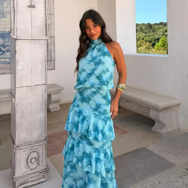 Floral Print Halter Neck Cutout Maxi Dress Tiered Ruffle Sleeveless 2026 Summer Women Vacation Dress Fashion Boho Lady Vestido
