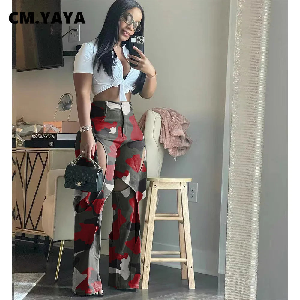 CM.YAYA Fashion women camouflage cutout cross criss straight cargo pants 2023 autumn winter safari style trousers