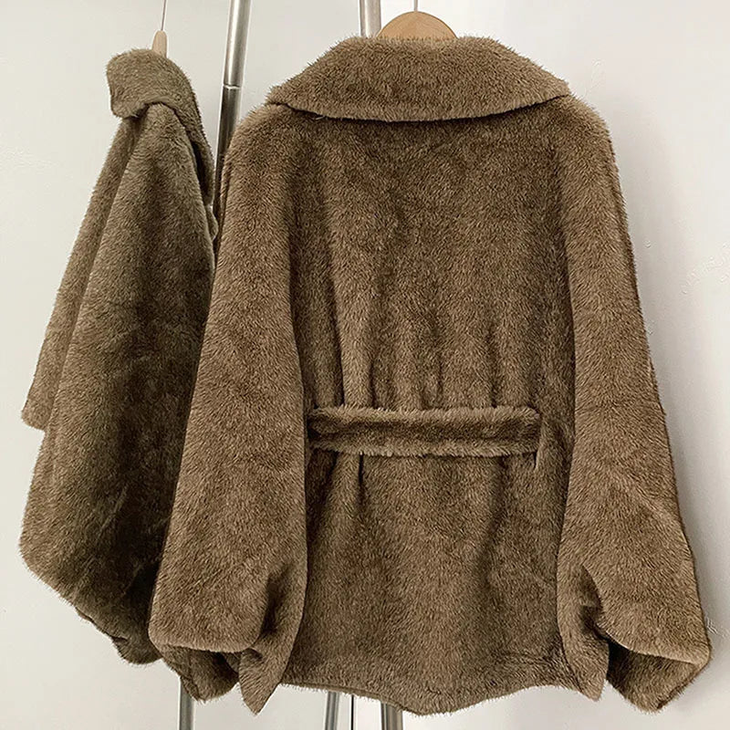 DEAT 2026 Autumn Winter New Faux Fox Fur Batwing Sleeve Coat For Women High-end Elegant Lace-up Waist Jacket Female 11A05803