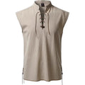 Summer Shirt Cotton Linen Sleeveless Men's Retro Casual Tanks Tops Lace Up Mandarin Collar Renaissance Vikings Pirate Costume