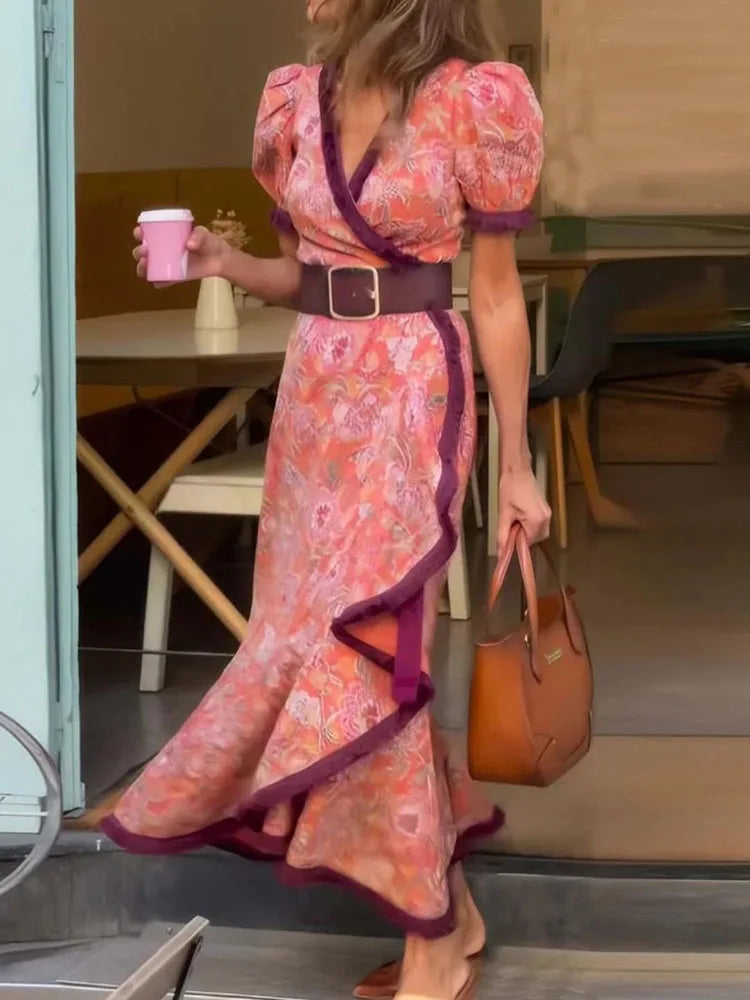 Spring Summer Lady V Neck Maxi Dress Casual Women Party Club Print Patchwork Dress Streetwear Short Sleeve Slim Lacing Up Dress