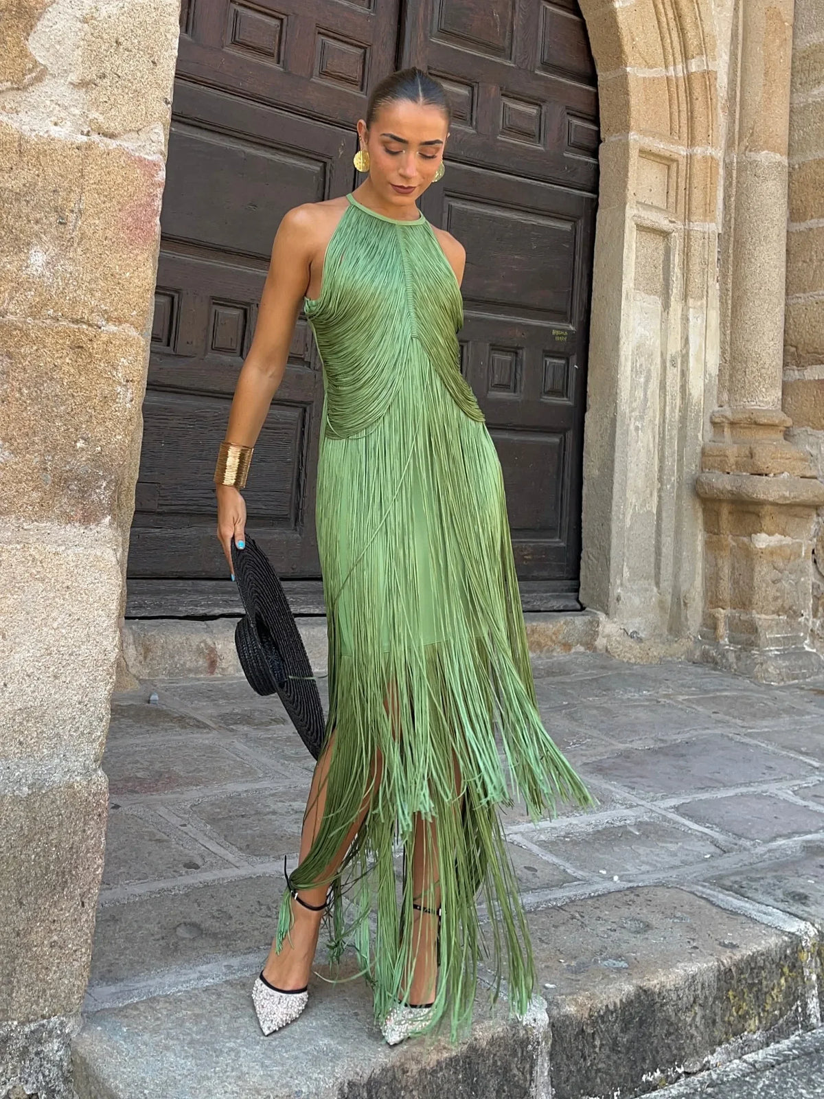 Elegant Halter Tassel Long Dress Women Fashion Hight Waist Slim Neck Hollow Solid Dress Cocktail Robe Sexy Fashion Evening Gown