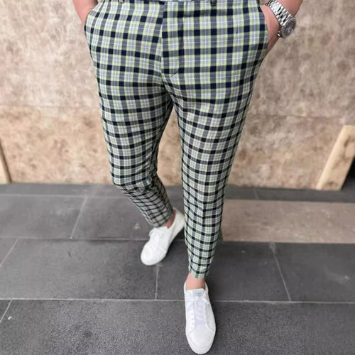 12 Colors Plaid Printed Men's Pencil Pants Business Casual Ankle Length Slim Men Suit Pants Fashion Handsome Pantalones Hombre