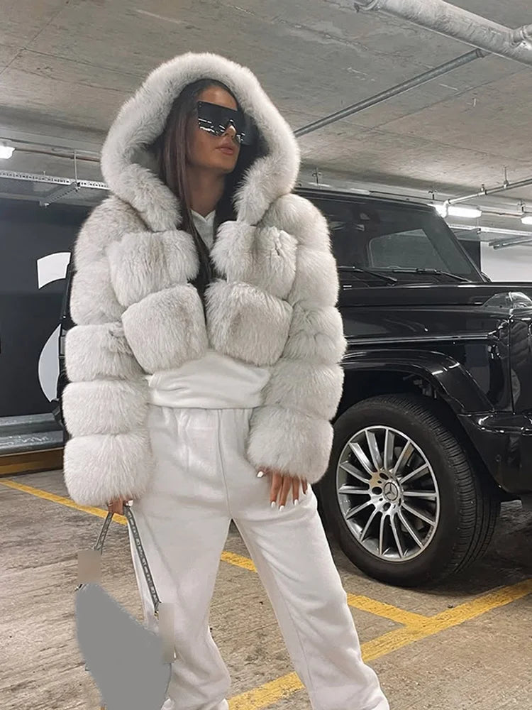 Solid Short Hooded Faux Fur Coat Women Chic Full Sleeve Zipper Cropped Loose Warm Coats Lady Winter Daily Highstreet Outerwears