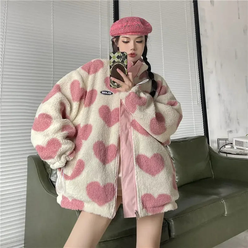 Autumn/Winter Couple's Stand Collar Cotton Coat Two-Sided Wear Lamb Wool Fleece Jacket For Men And Women Niche Nylon Parkas