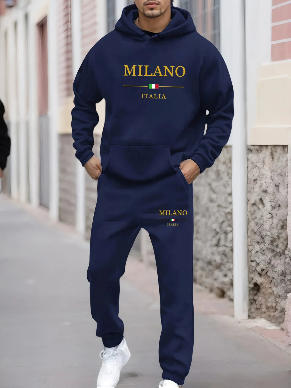 Men's autumn and winter casual fashion warm MILANO ITALIA pattern printed loose plush thick hooded sweatshirt+sweatpants set