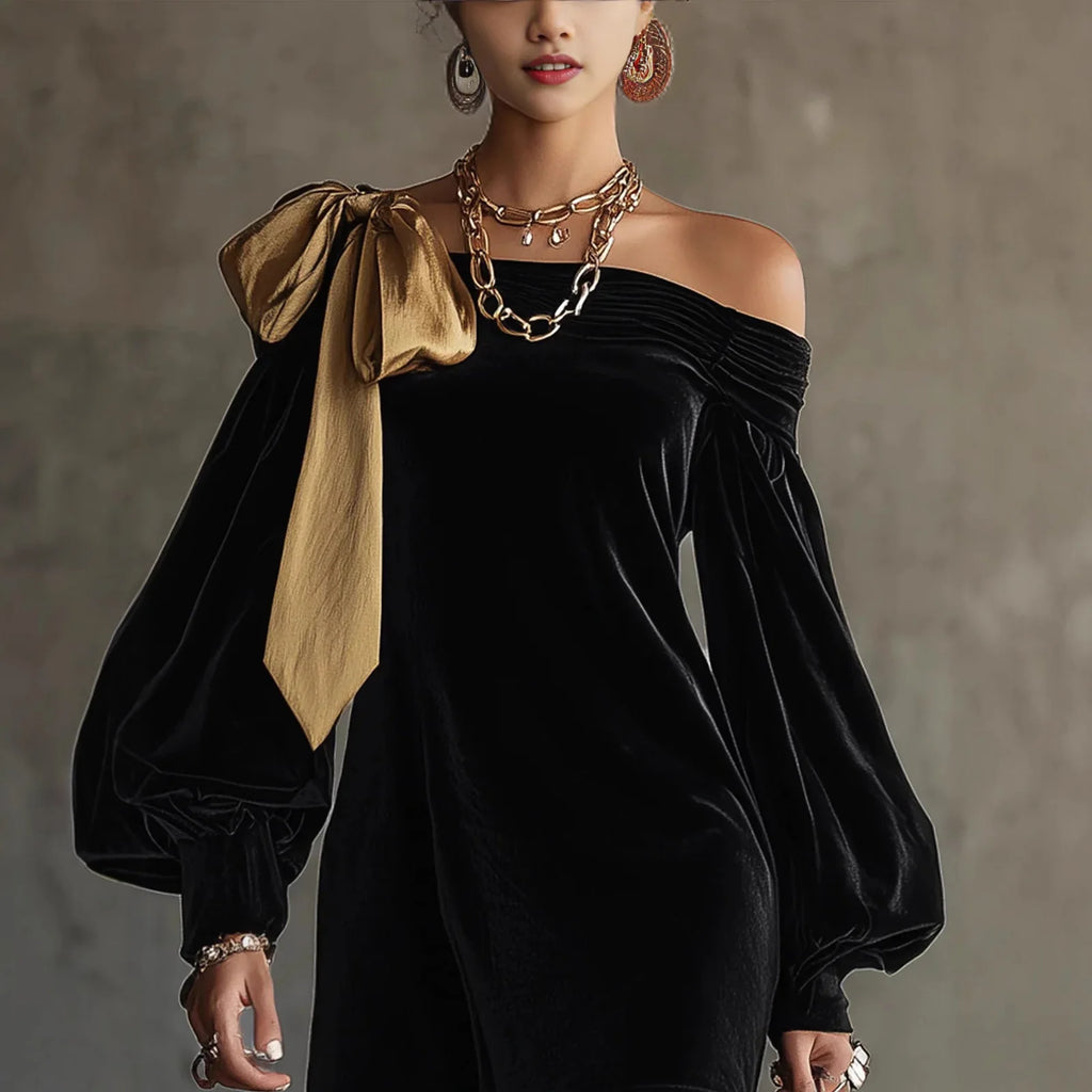 Cocktail Party Off The Shoulder Lantern Sleeve Long Sleeve Bow Tie Vintage Velvet Mini Dresses Autumn Winter Elegant Party Dress