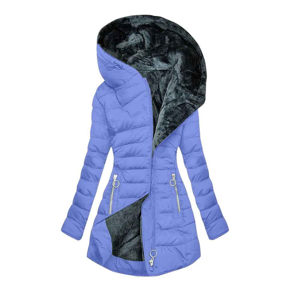 Women Parkas Hooded Solid Zipper Splice Midi Coats Long Sleeve Pockets Slim Fit Thick Coat Casual Parka Warm Winter 2024