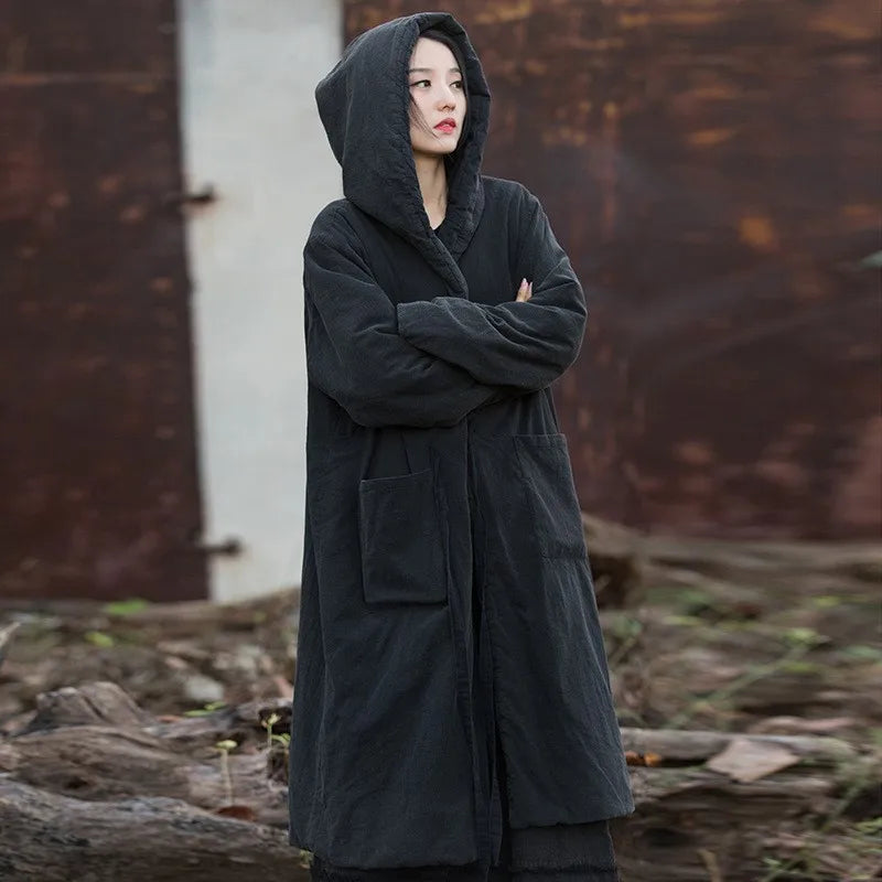 Johnature Women Black Hooded Long Sleeve Parkas Warm Long Sleeve Winter Coats 2025 New Female Chinese Style Bandage Parkas