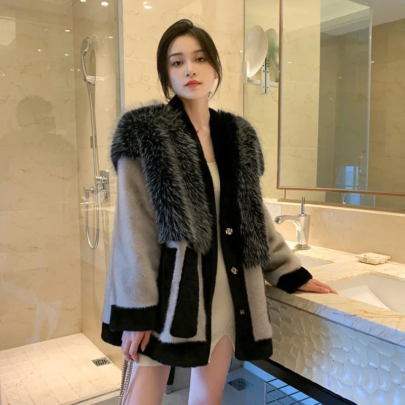 Mink Fur Jacket Women V-neck Single Breast Big Pockets Coat Splicing Mid Length Casual Outerwear 2024 Winter New Fashion