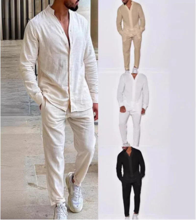 Men's Light Luxury Sports Cotton Hemp Stand Collar Long Sleeve Casual Shirt Spring and Autumn Fashion Cargo Pants Two-Piece Set