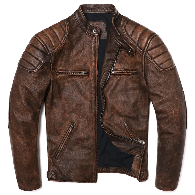 2025 Vintage Camel Yellow Genuine Leather Jacket Real Natural Cowhide Men Motorcycle Biker Coat Mens Slim Calf Skin Coat